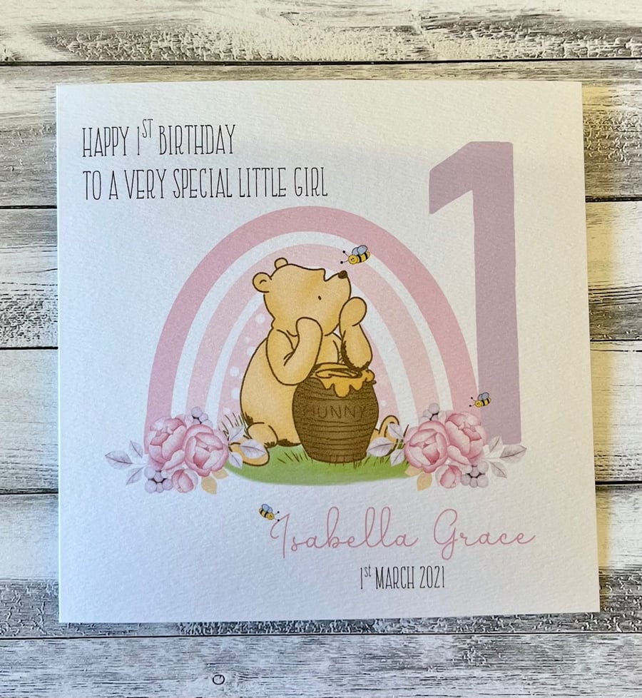 First Birthday Card, Personalised Winnie the Pooh 1st, 2nd, 3rd Birthday Card