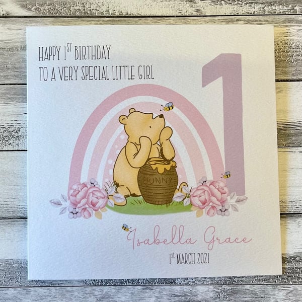 First Birthday Card, Personalised Winnie the Pooh 1st, 2nd, 3rd Birthday Card
