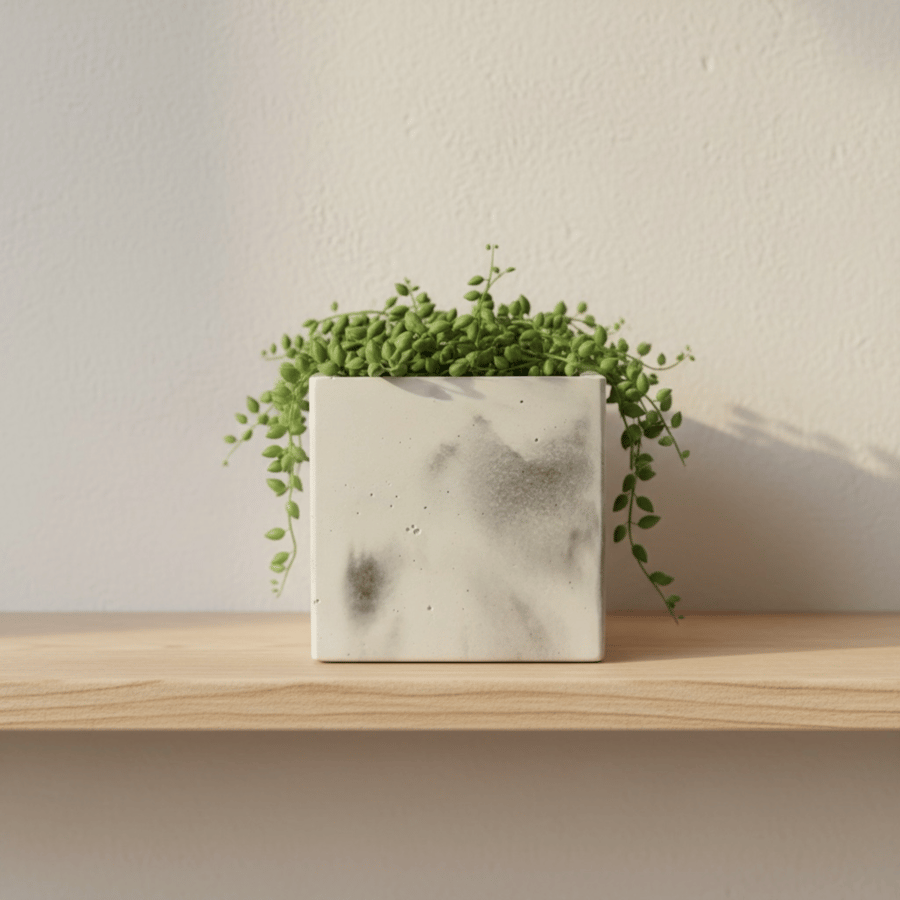 10 cm White and Grey Marbled Concrete Square Plant Pot - Studio Sale