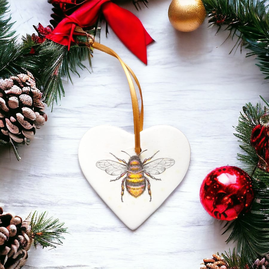 Bumble Bee Ceramic Heart Double Sided Hanging Christmas Decoration 