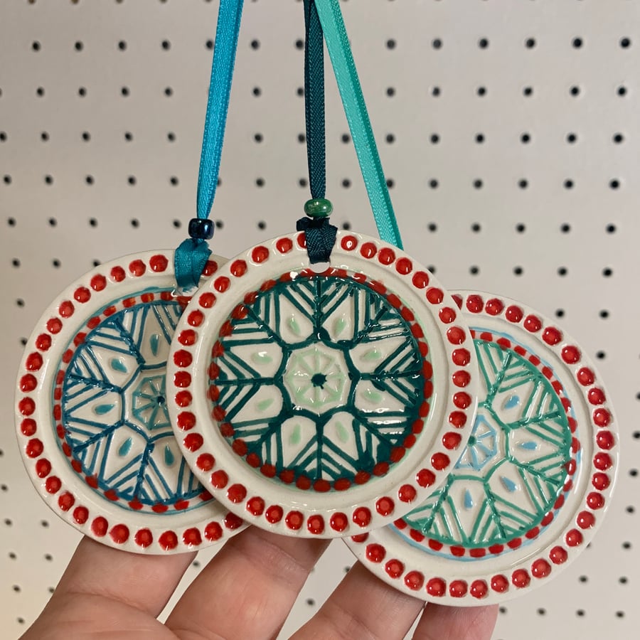 Set of Three Handmade Ceramic Skandi Snowflake Hangers