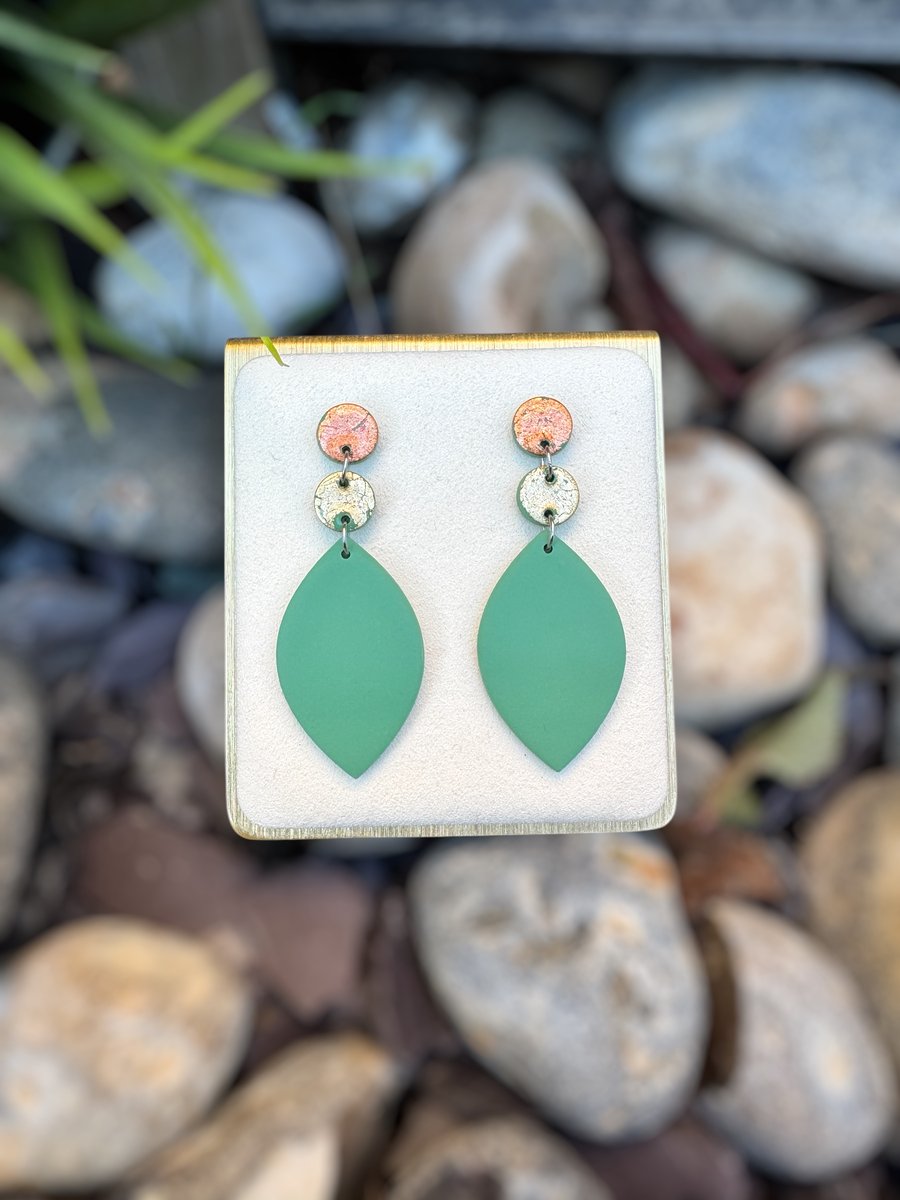 Sage Green Gold and Bronze Drop Polymer clay Earrings