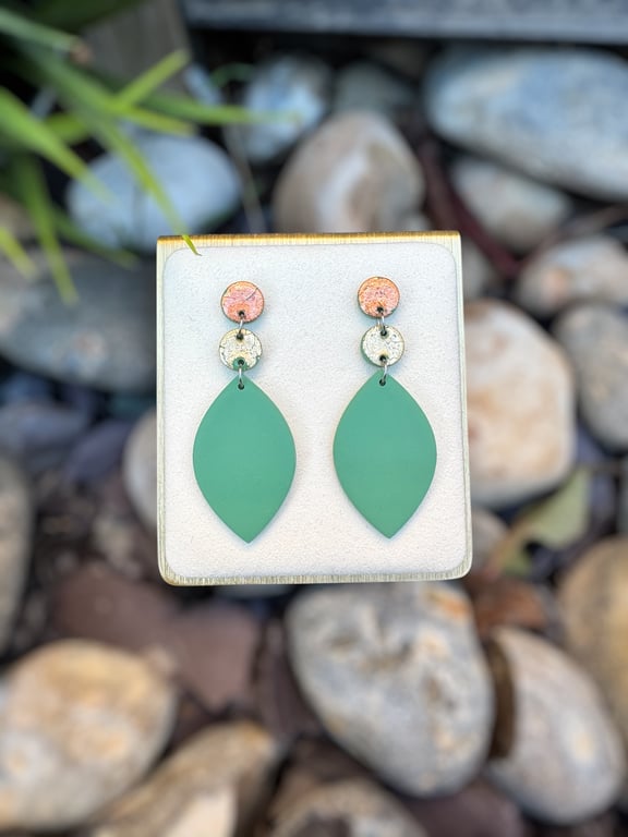 Sage Green Gold and Bronze Drop Polymer clay Earrings