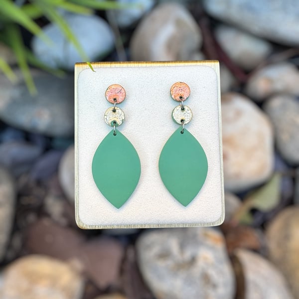 Sage Green Gold and Bronze Drop Polymer clay Earrings