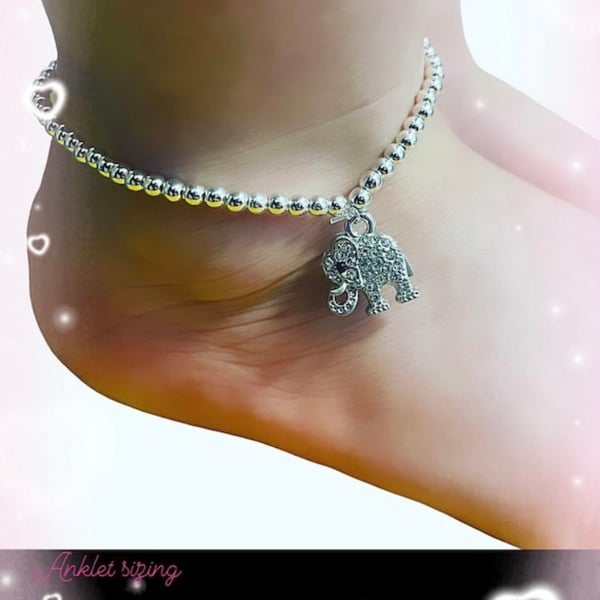 Rhinestone elephant pendant charm stretch beaded silver tone bead anklet 