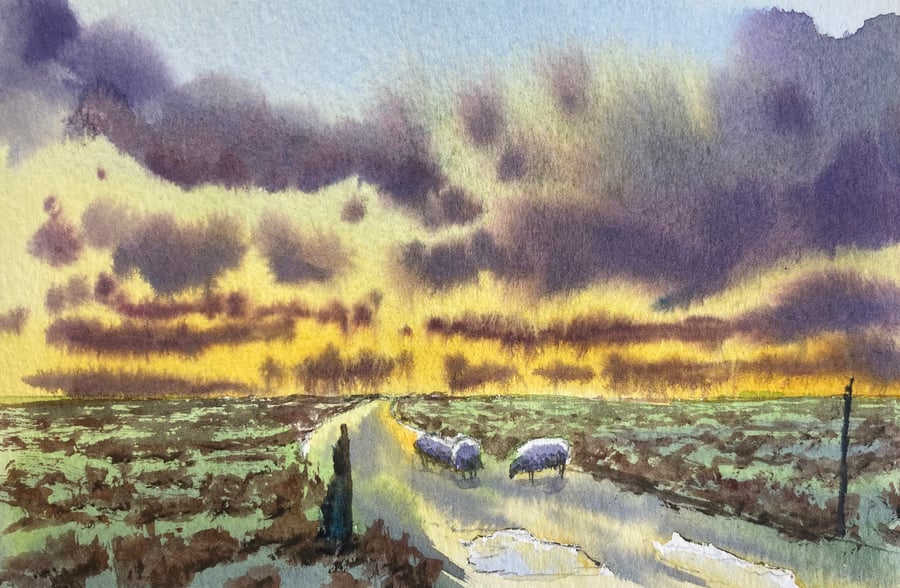 Commondale sunset (Pure Original Watercolour FULLY MOUNTED 8” x 6”)