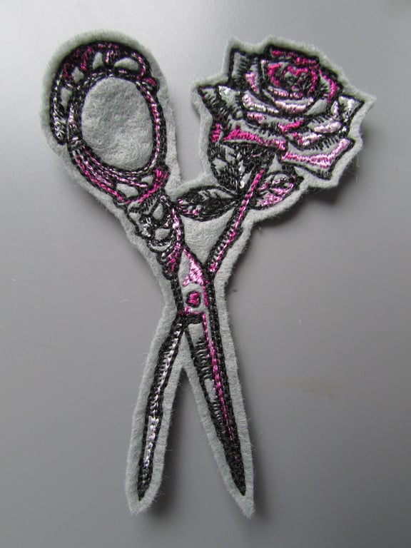 Vintage Rose scissors Embroidered Sew on Applique Patch