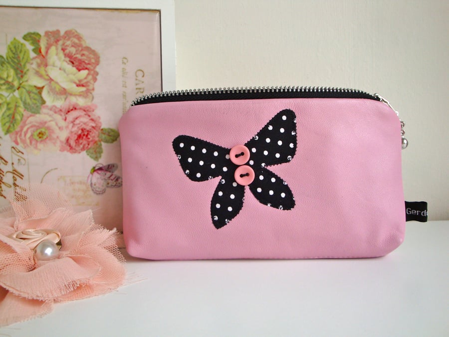 SALE Handmade Pink Leather Make up bag - pencil case 