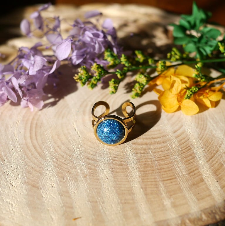 Sparkly Adjustable Hypoallergenic Stainless Steel Ring - Light Blue and Gold
