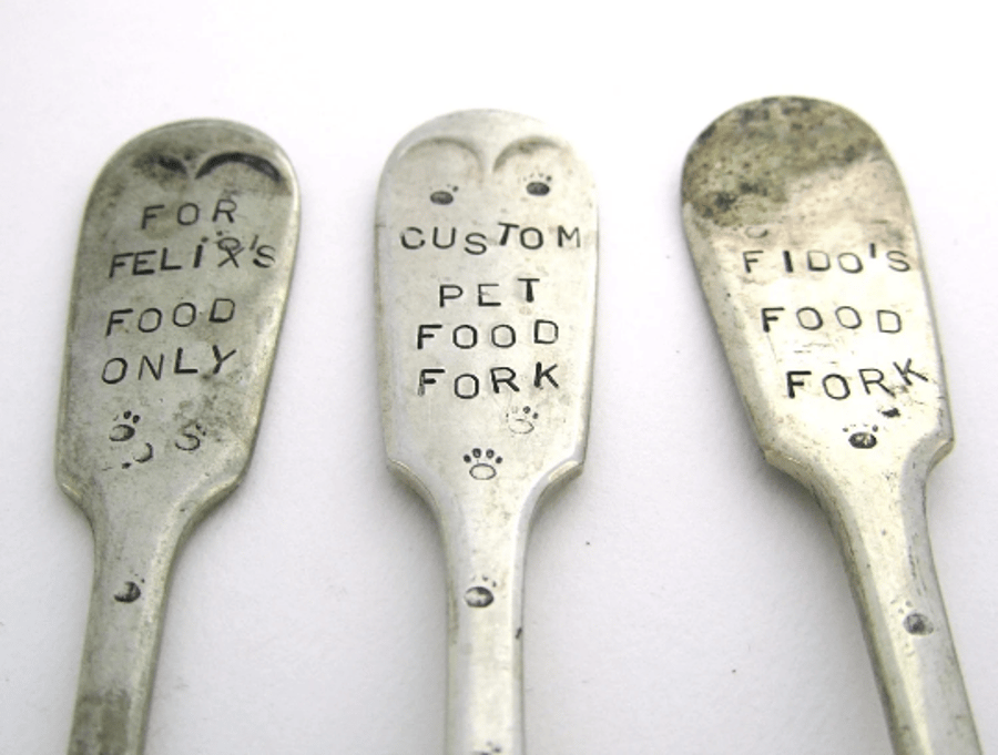 Personalised custom pet food fork, hand stamped to order