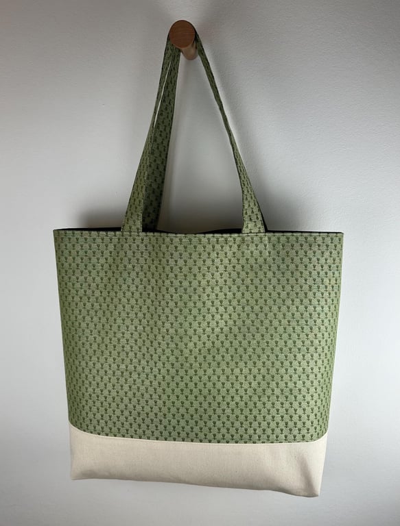 Green Patterned Linen Tote Bag, Large Handmade Shoulder Bag
