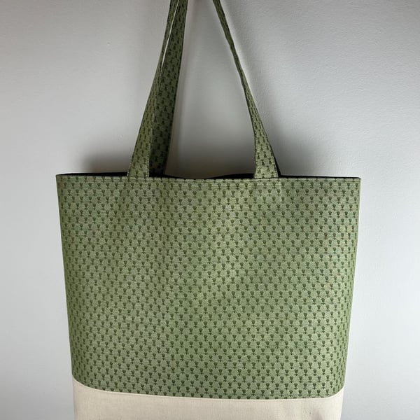 Green Patterned Linen Tote Bag, Large Handmade Shoulder Bag