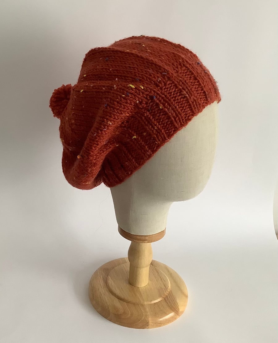 SLOUCH HAT  with pom-pom .'Delphine' . Wool blend .Russet .Tweed.