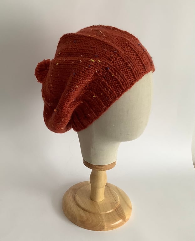 SLOUCH HAT  with pom-pom .'Delphine' . Wool blend .Russet .Tweed.