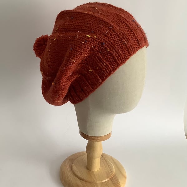 SLOUCH HAT  with pom-pom .'Delphine' . Wool blend .Russet .Tweed.