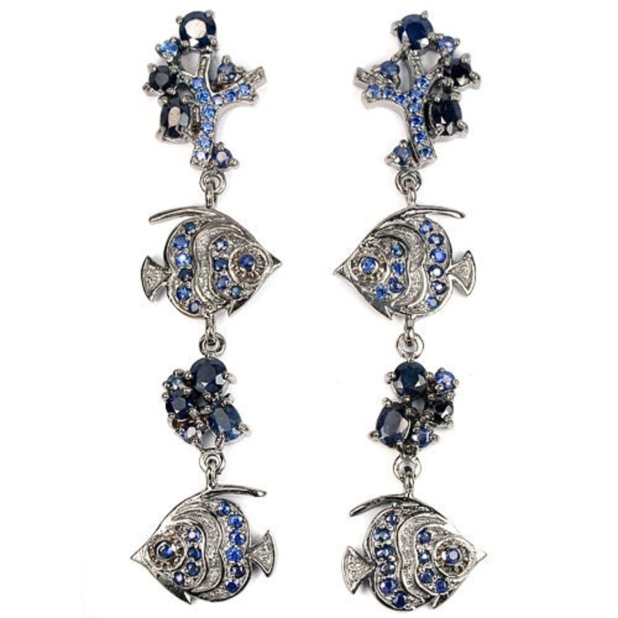 Sapphire Fish in a Seaweed Seabed Frieze Pendant & Earrings Set