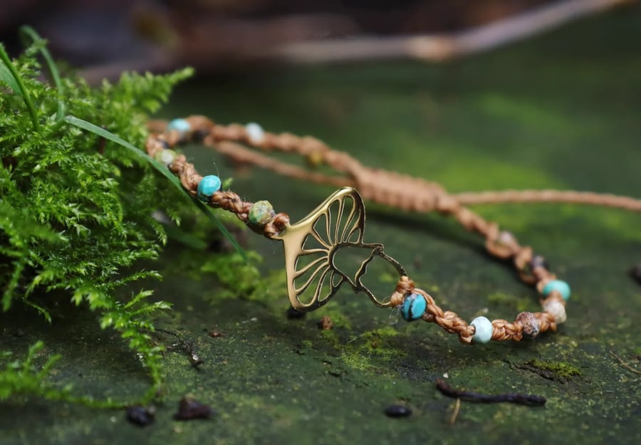 Macrame Mushroom charm bracelet with natural stones rainbow Turquoise 