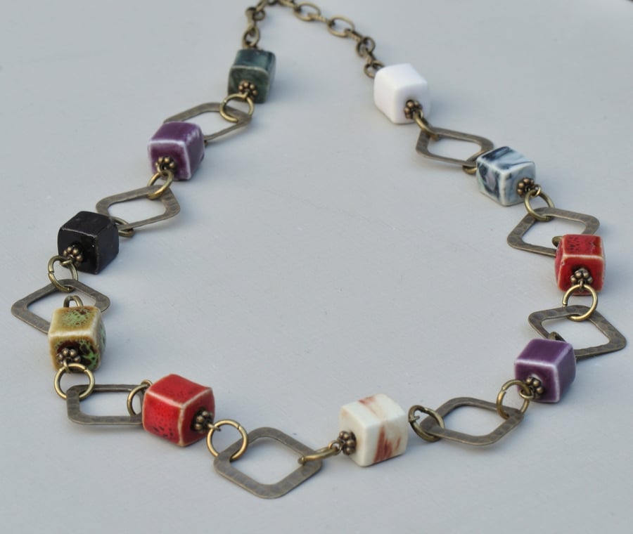 Handmade Multi Colour Ceramic Cube, Connectors & Chain Necklace