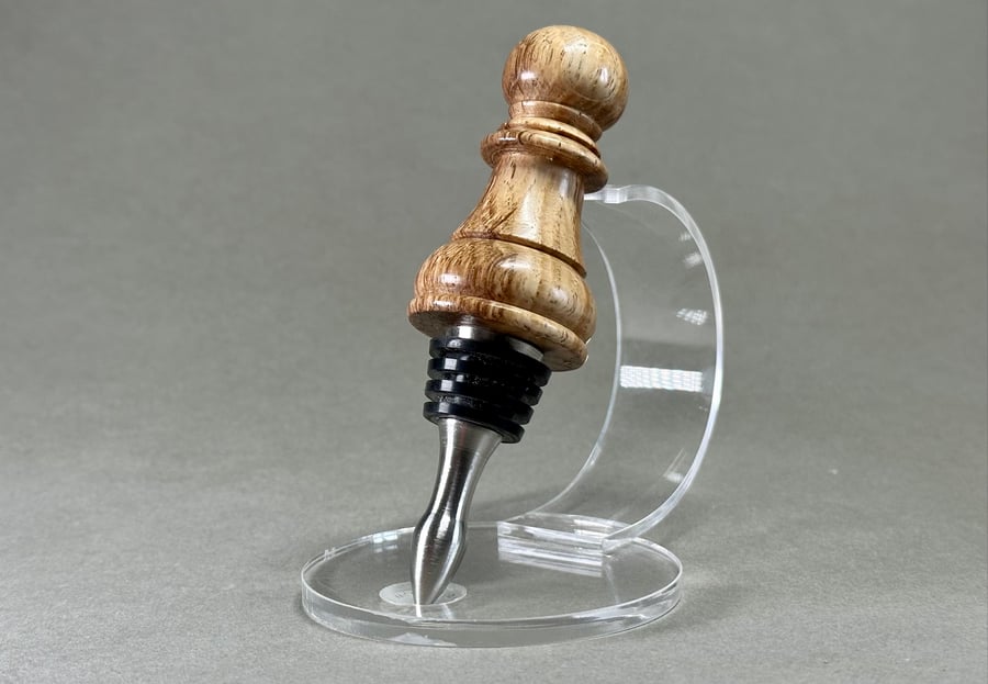 Hand turned oak and stainless steel wine chess piece bottle stopper