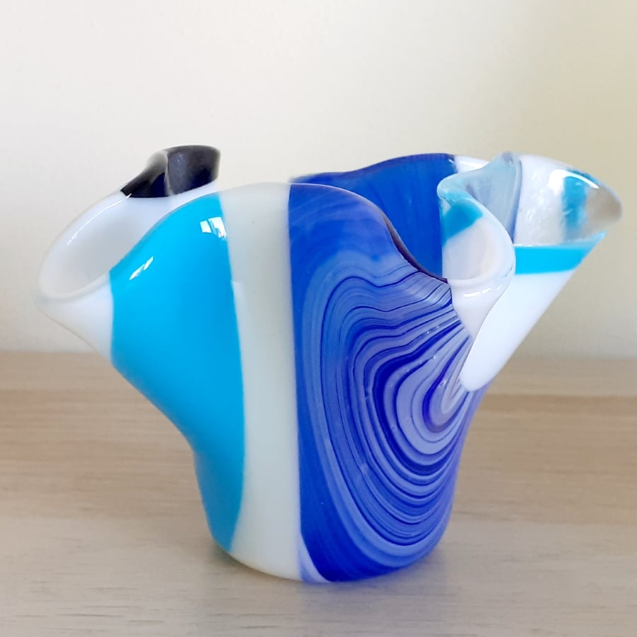Fused glass ornamental organic fluted vase, shades of blue