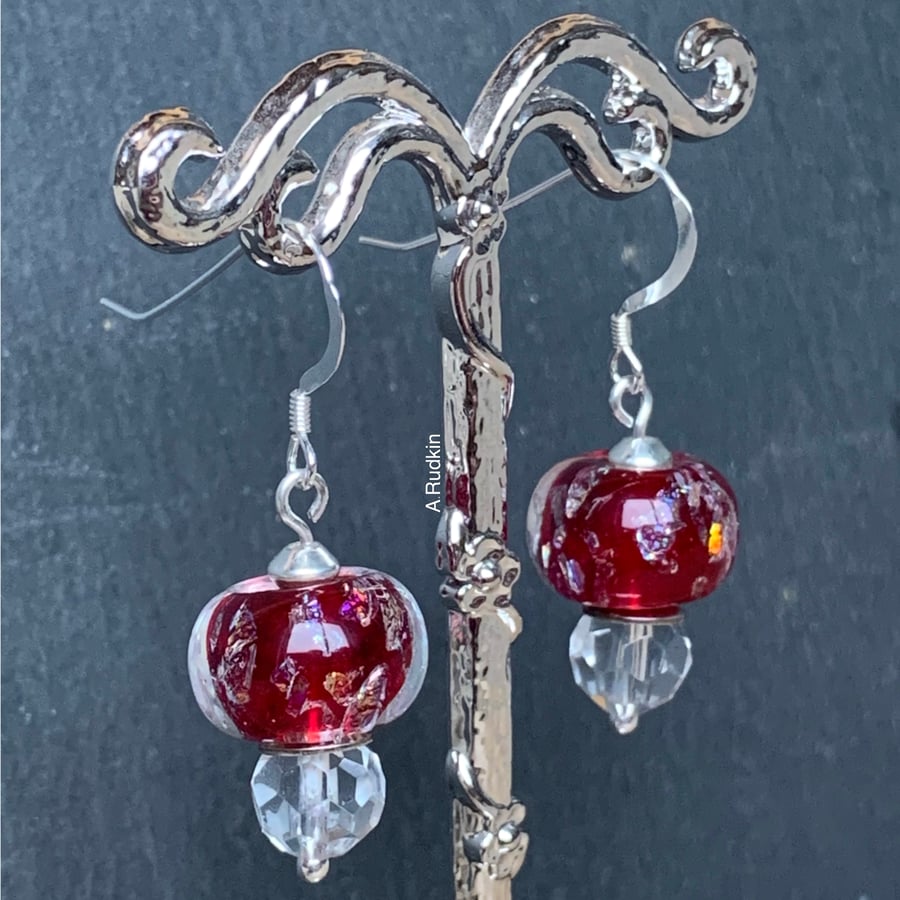 Sterling silver sparkly lampwork glass & crystal bead earrings - FREE UK P&P 