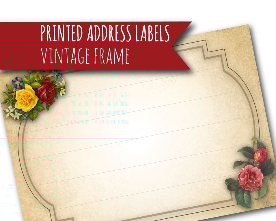 Printed self-adhesive address labels, vintage frame and flowers