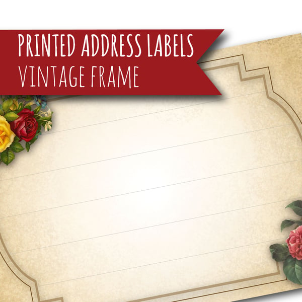 Printed self-adhesive address labels, vintage frame and flowers