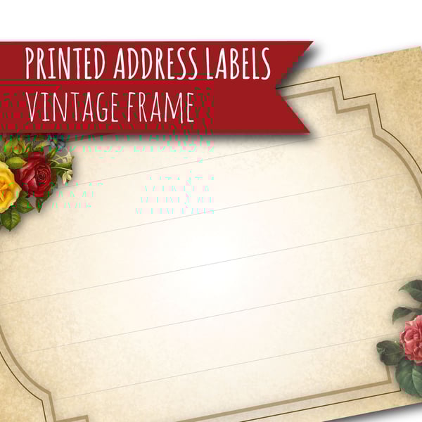 Printed self-adhesive address labels, vintage frame and flowers