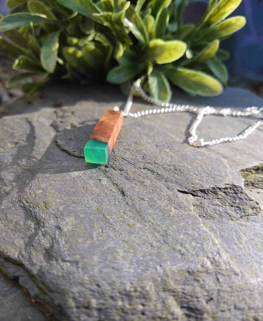 Elm Burr Wooden Necklace with Green Resin and Chain