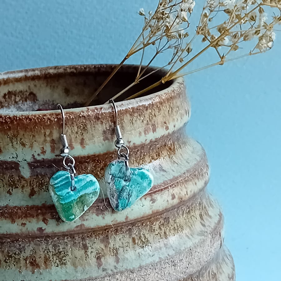 Abstract blue green rustic heart porcelain clay earrings on surgical steel hooks