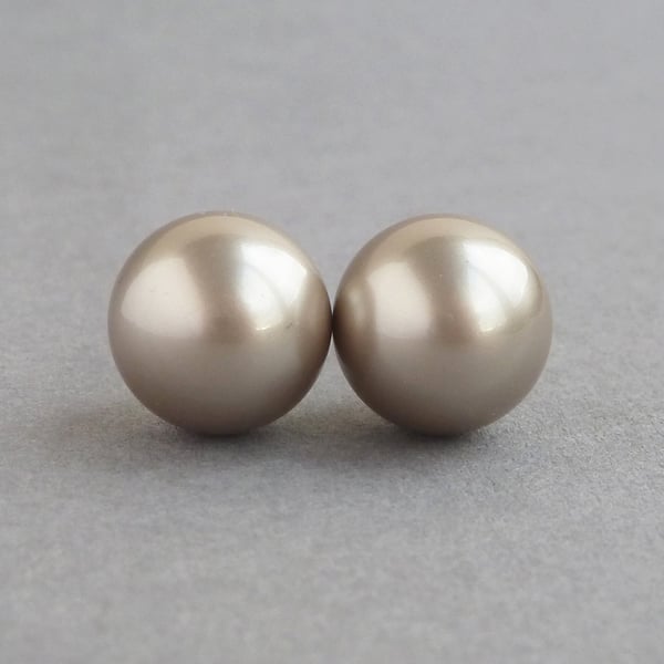 12mm Champagne Pearl Stud Earrings - Chunky Round Coffee Studs - Jewellery Gifts
