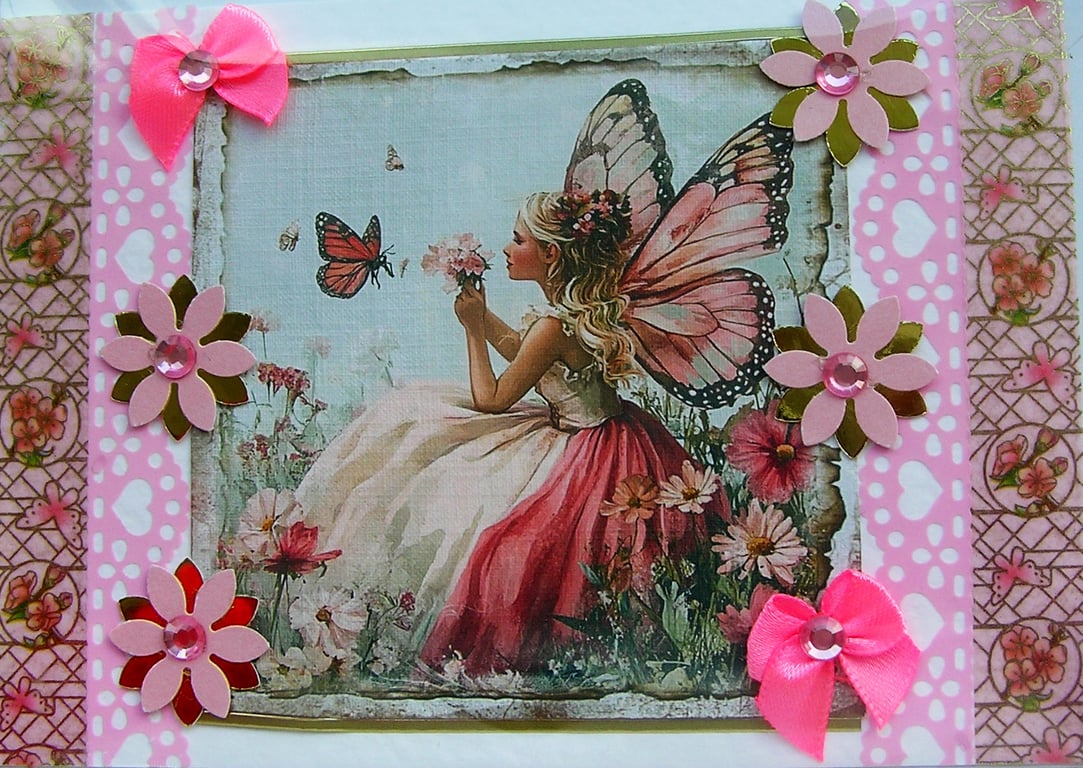 Fairy - Hand Crafted Decoupage Greeting Card - Blank - 2928