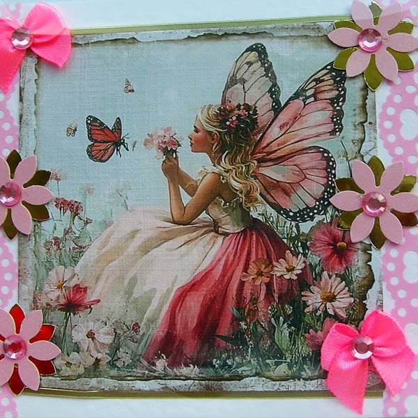 Fairy - Hand Crafted Decoupage Greeting Card - Blank - 2928