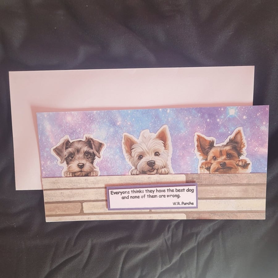 Peeping dogs blank greetings card, terriers