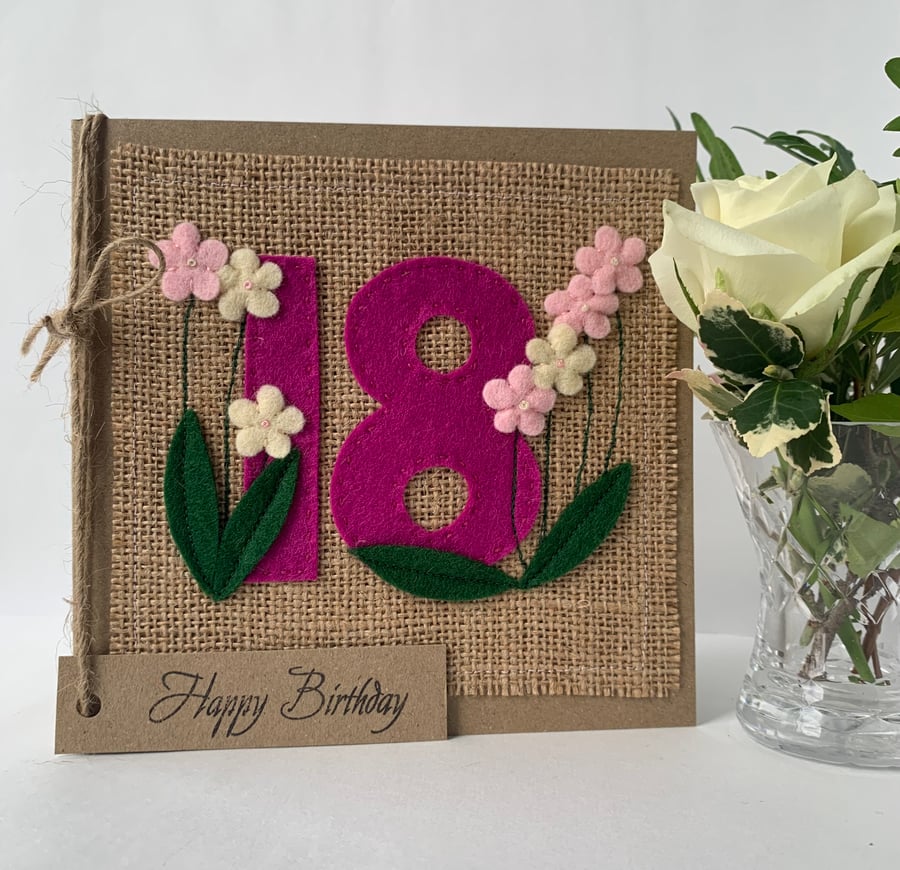 18th Handmade Birthday Card from felt. Keepsake Card. Textile card.