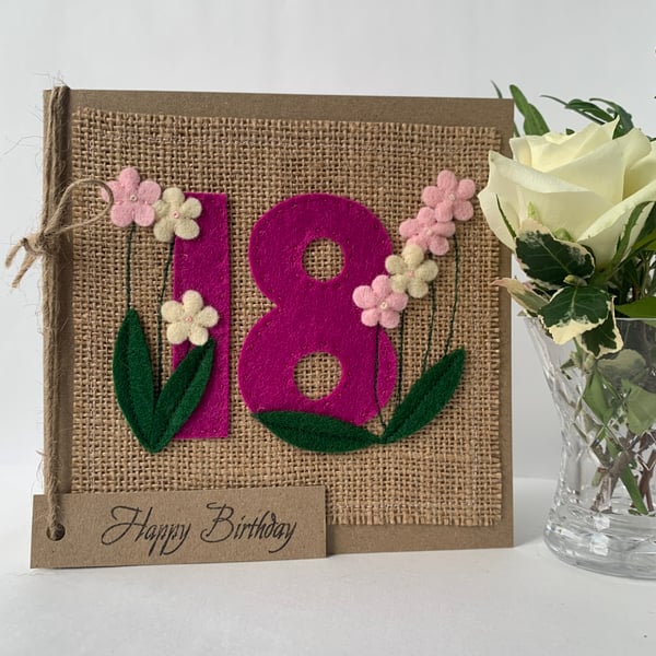 18th Handmade Birthday Card from felt. Keepsake Card. Textile card.