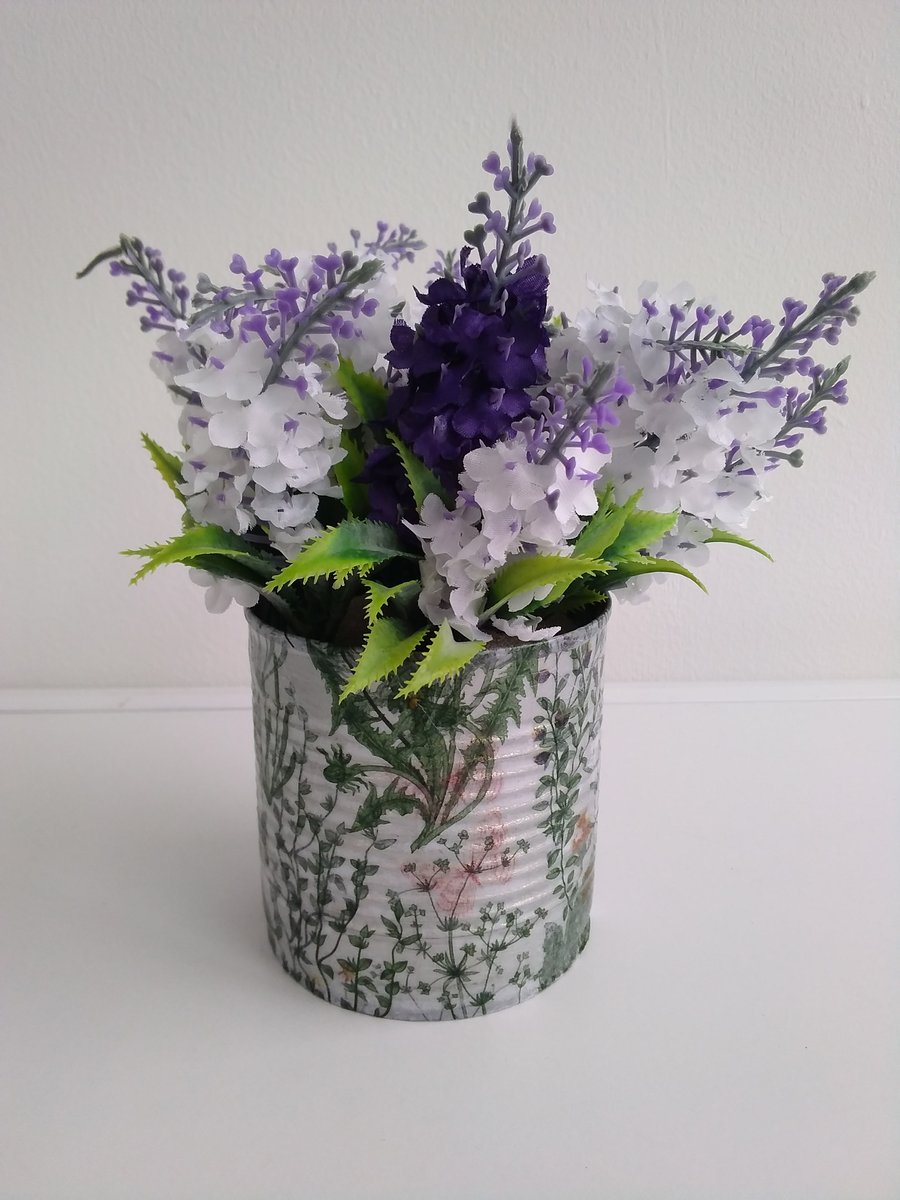 Upcycled Tin Can with Wildflower Decoupage & Faux Lavender Blooms