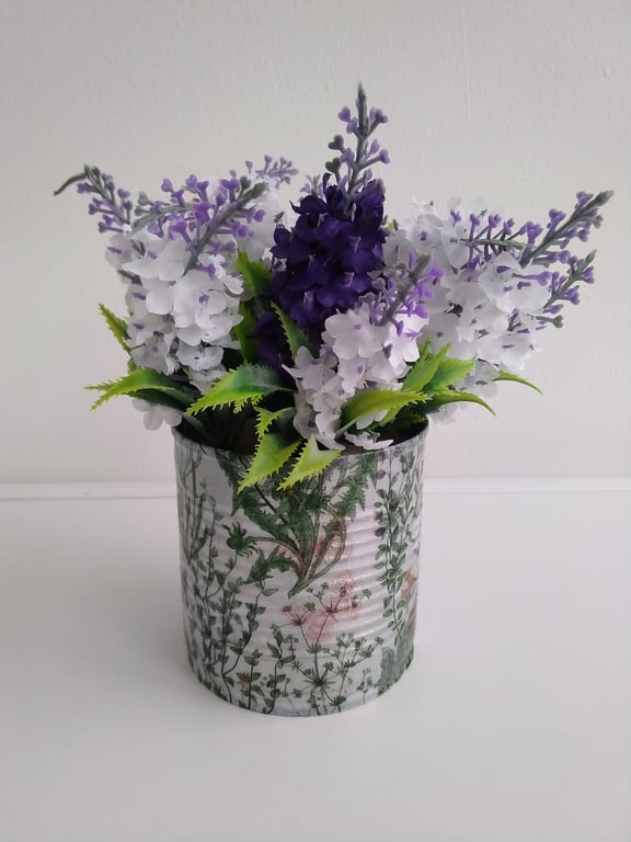 Upcycled Tin Can with Wildflower Decoupage & Faux Lavender Blooms