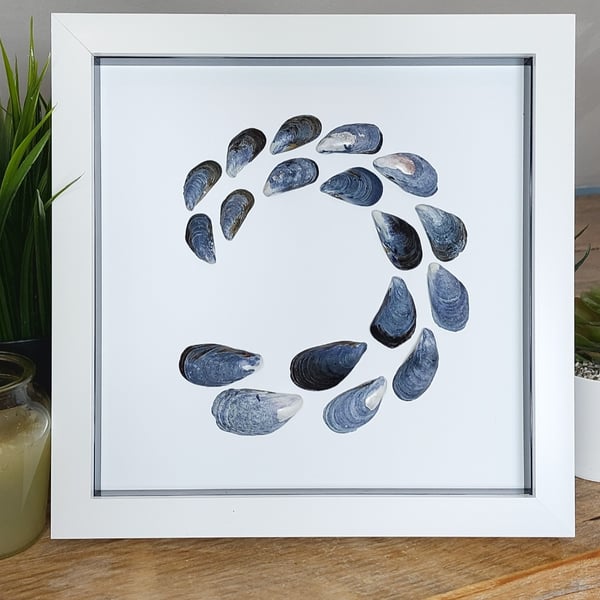 Cornish mussel shell framed wave artwork 