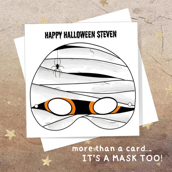 Halloween Mummy Mask Card - personalised, blank inside