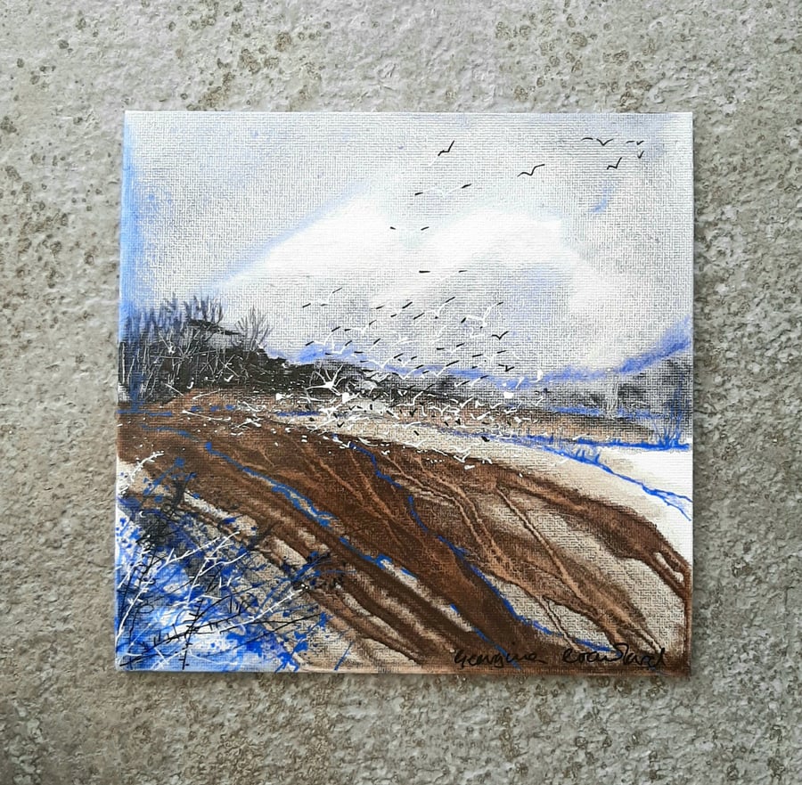 The Flight. Original Painting of a Countryside Scene With Field and Gulls