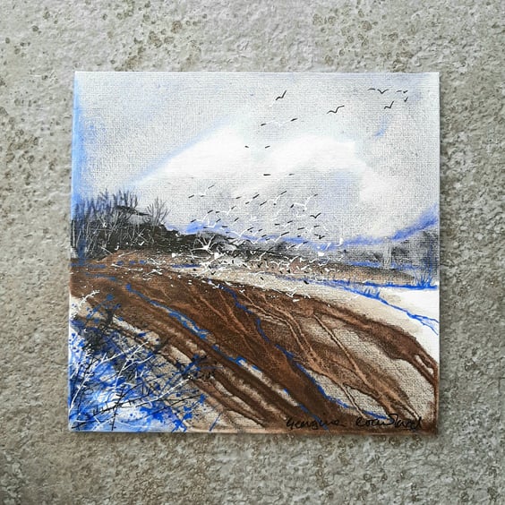 The Flight. Original Painting of a Countryside Scene With Field and Gulls