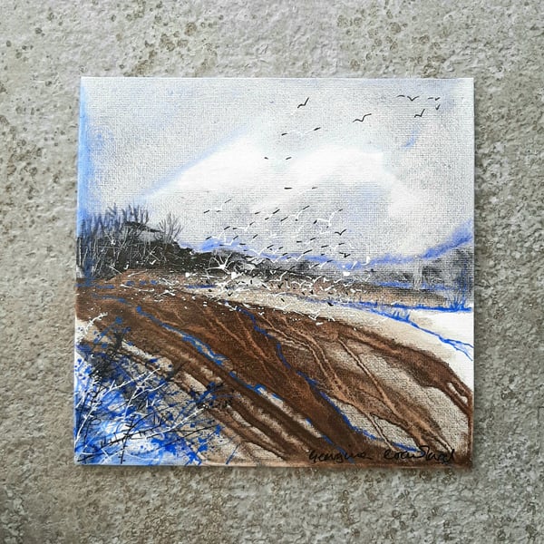 The Flight. Original Painting of a Countryside Scene With Field and Gulls