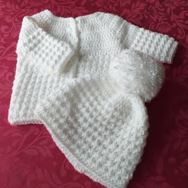 HAND CROCHET BABY COAT AND HAT 0-3 MONTHS