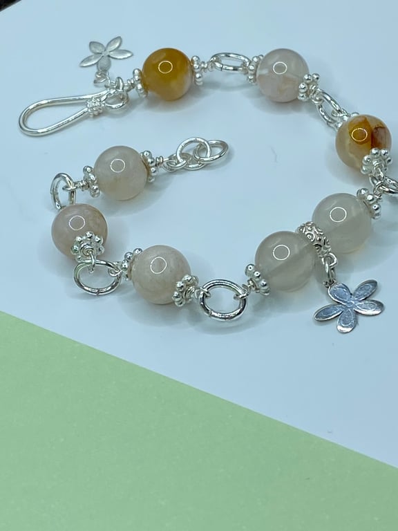 Sakura agate rosary linked bracelet with silver plated flower charm