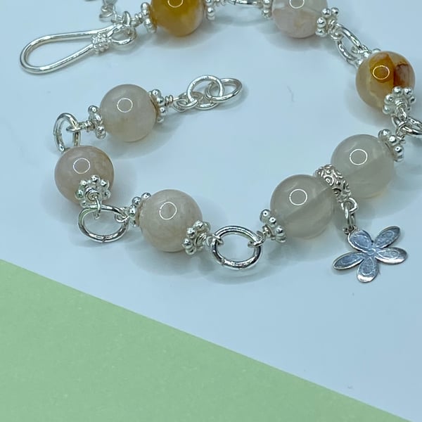 Sakura agate rosary linked bracelet with silver plated flower charm
