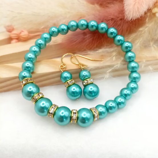 Turquoise Glass Pearl & Diamanté Earrings and Bracelet Set - Bridesmaid Gift