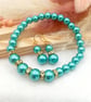 Turquoise Glass Pearl & Diamanté Earrings and Bracelet Set - Bridesmaid Gift
