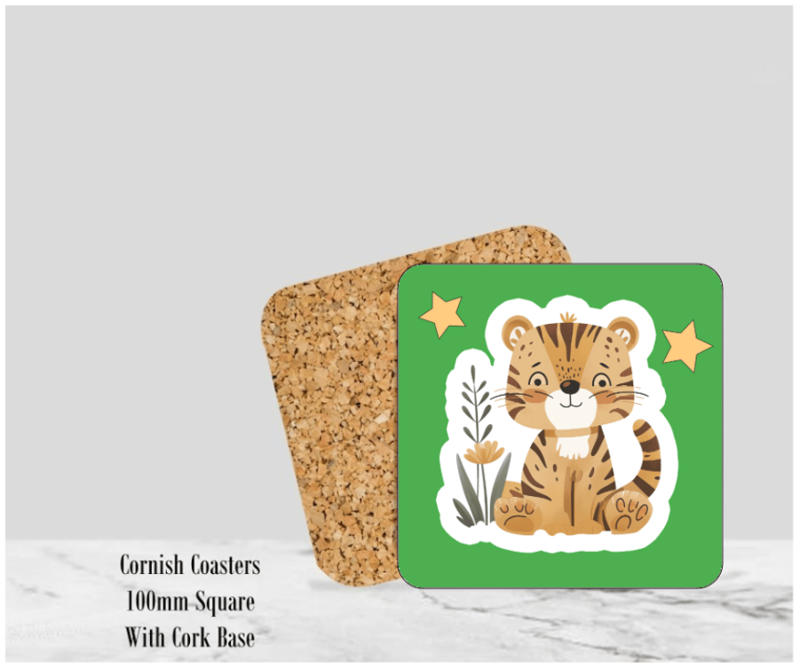 Green Happy Tiger Coaster 4" Square With Cork Base