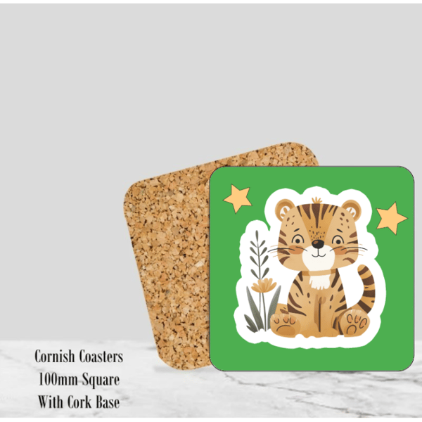 Green Happy Tiger Coaster 4" Square With Cork Base